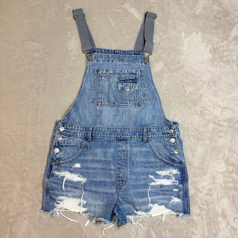 American Eagle 90s Boyfriend Shortall Denim Overall Shorts Women L Blue Distress